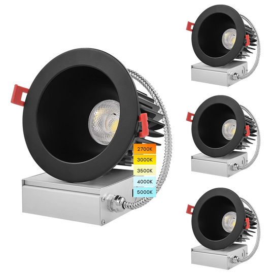 Luxrite 4 Inch LED Recessed Lighting, 18W, CRI 90, 5 Color Options 2700K-5000K, 1500 Lumens, Wet Rated - Black (4 Pack)