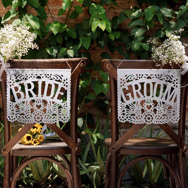 Wedding Chair Signs + Matching Stick Flags Bundle - Papel Picado | Bride & Groom/Novio & Novia Mr Mrs Sugar Skulls