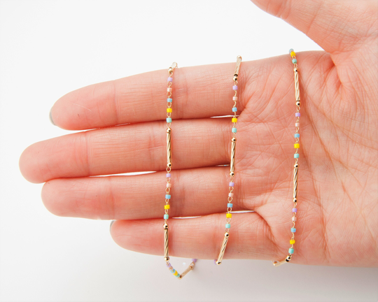 50 cm - 5 Color Chain, 1.7mm Glass Muti-Color Chain, Jewelry Supplies, 14K Gold Plated Over Brass [Ch0340-Pg]