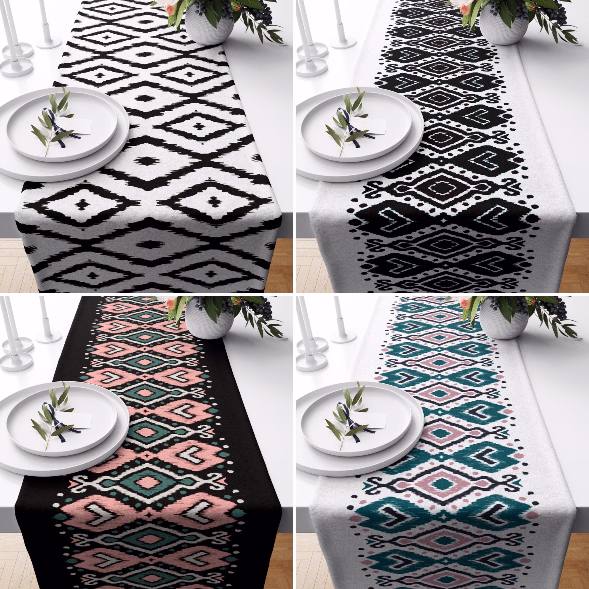 Ikat Table Runner, Geometric Southwestern Tablecloth, Kitchen Textile, Housewarming Gift, Black & White Home Decor