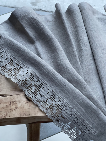 Rustic Linen Table Runner, Natural Grey Vintage Stonewashed Farmhouse Runner Lace Floral-Rose