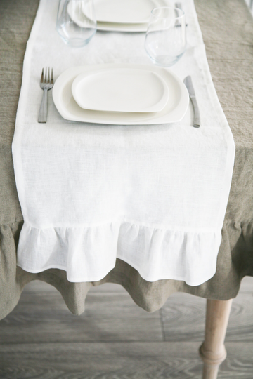Linen Ruffled Table Runner, Custom Runner From Organic Linen Fabric, Boho With Ruffle, Base Ends