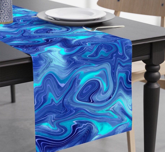 Marble Blue Table Runner - Eclectic Dark Abstract Geode