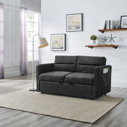 Nordic Style Loveseat Sofa Chenille Versatile Pull out Sleeper Sofa Bed with Adjustable Backrest and Casters, Two Arm Pocket