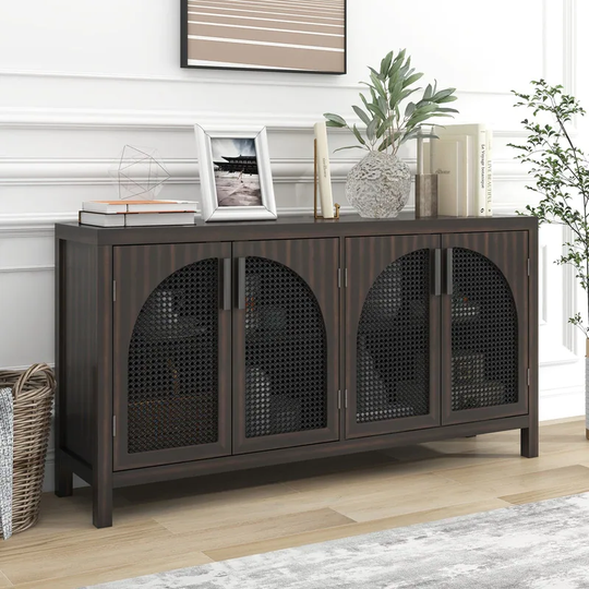 Modern Accent Sideboard with Artificial Rattan Door, Mid Century Buffet Storage Cabinet with Metal Handles