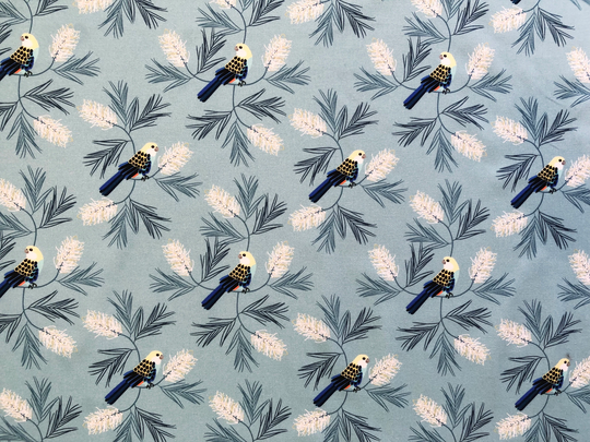 Pale Headed Rosella & Grevillea Parallela Blue Bird Floral Quilting Cotton Fabric By 1/4, 1/2 Yard Or Fat Quarter, Australian
