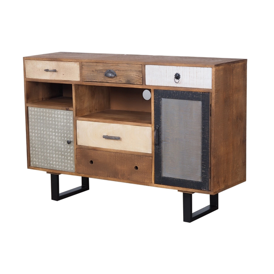55 Inch Sideboard Buffet Console, Mango Wood, 5 Drawers, 2 Cabinets, Brown