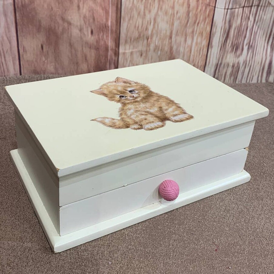 Vintage Painted Wood Kitten Cat Girls Pink White Jewelry Box W Drawer Storage