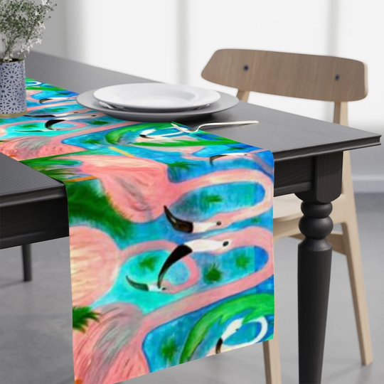 Flamingo Party Coastal Home Table Runner Of My Art. Flamingos Table Runner Size 90"