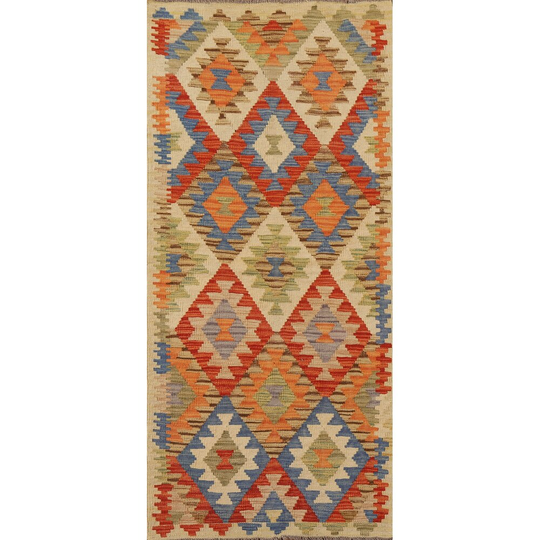 Colorful Kilim Oriental Area Rug Flat-weave Geometric Wool Carpet - 2'7" x 6'4"