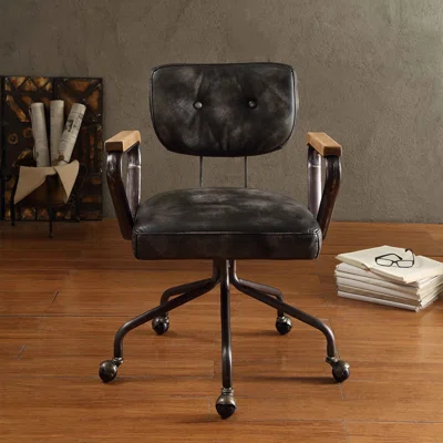Top Grain Leather Office Chair With 5-Star Base In Vintage Black