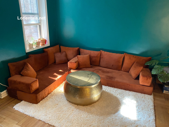 L Shaped 8'' Thick Velvet Amber Seat Floor Seating Sofa Modern Arabic Living Room Couch Moroccan Home Decor Set Sectional Cuchions Rug Table