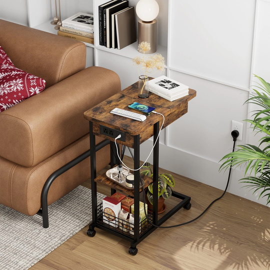 23.62 in. C-Shape Wood Top End Table with Charging Station - 13.78"L x 23.62"W x 29.52"H