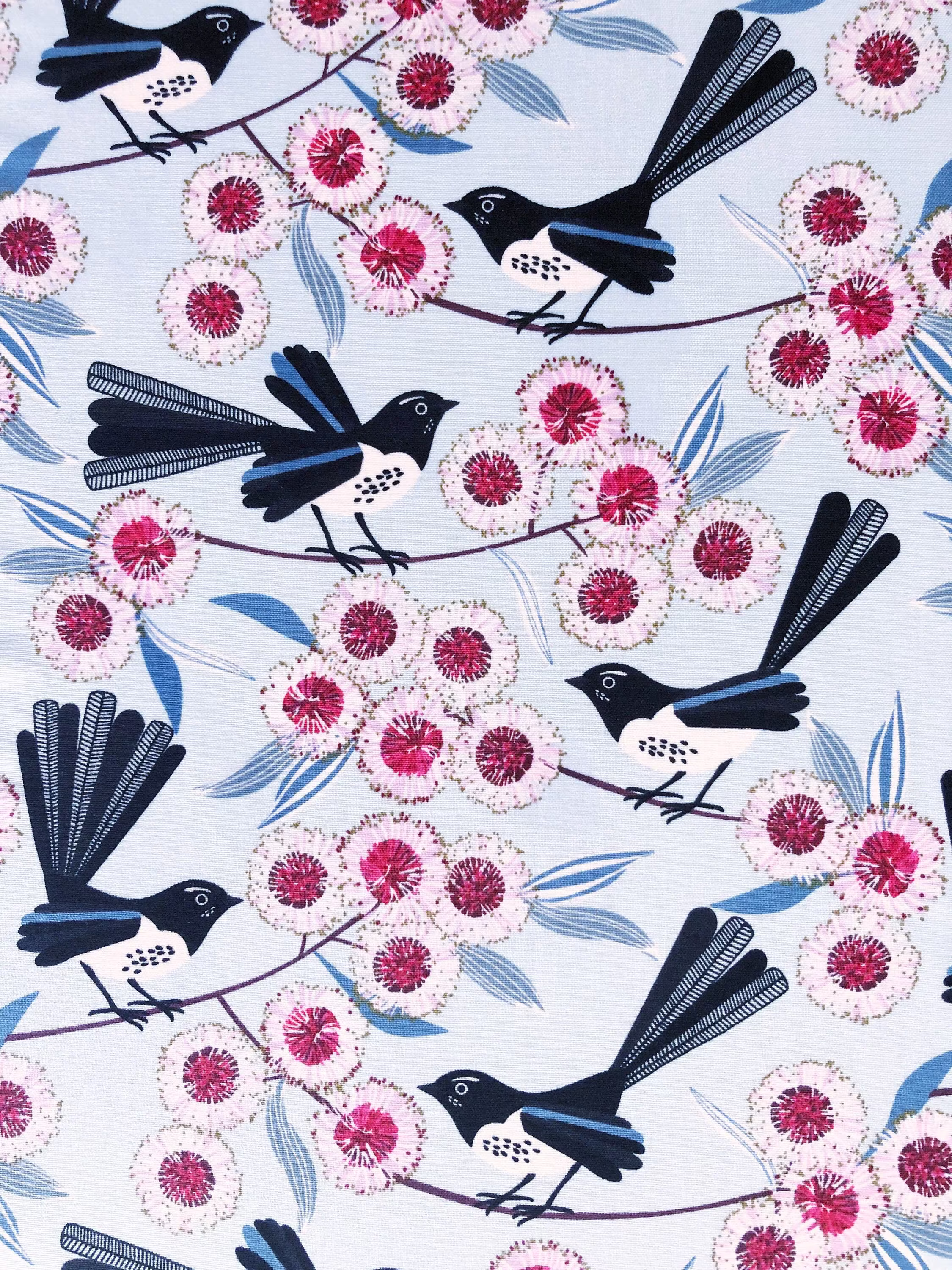 Willie Wagtail & Gum Flower Blossom Blue Floral Quilting Cotton Fabric By 1/2 Yard Or Fat Quarter, Australian Silvereye Bird