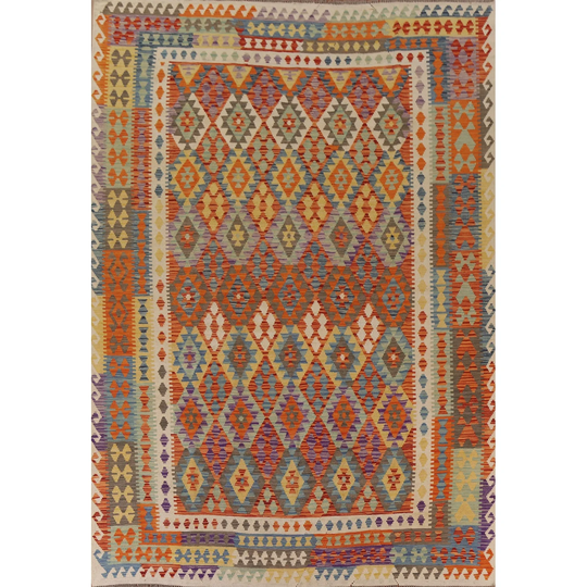 Southwestern Geometric Multi-Color Kilim Rug Flat-weave Wool Carpet - 8'7"x 11'2"