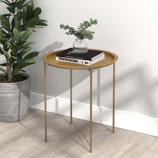 Round Metal Tray End Table Folding Metal 17.7" Side Table Nightstand with Metal Frame (Gold)
