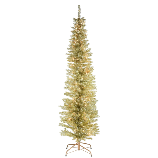 6' Pencil Champagne Gold Tinsel Artificial Christmas Tree Clear Lights - 6 Foot