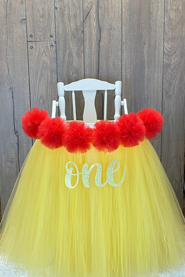 High Chair Tutu, Highchair Banner With Pompoms, Girls First Birthday Decor, Pooh Smash Cake Party, Red & Yellow 1st Party