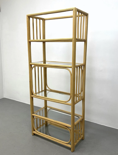 Vintage Pencil Reed Tall Display Shelves, Wooden Etagere With Glass Bamboo Like Book Shelf, Local Delivery Only