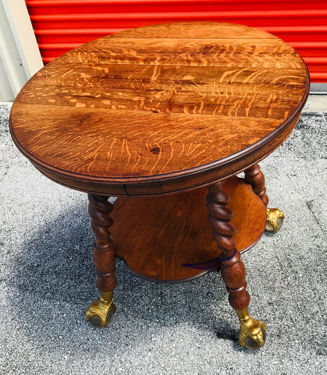 Quartersawn Oak Lamp Table Lg Ball & Claw Feet Antique