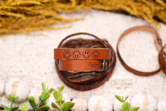 Genuine Veg Tan Leather Bracelet, Smiley Face Engraved Bracelets, Custom Personalized Bracelets