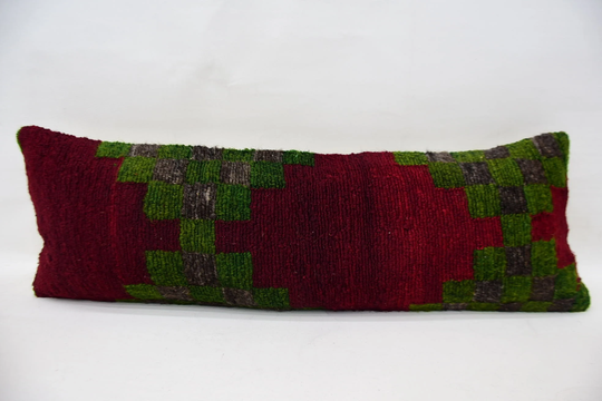 Turkish Kilim Pillow, Home Decor 12x36 Red Rug Cushion, Antique Pillow Cover, Office Chair 187