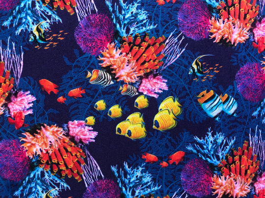 Colorful Tropical Fishes & Coral Reef Navy Quilting Cotton Fabric By 1/2 Yard Or Fat Quarter, Seaweed Starfish Seashells