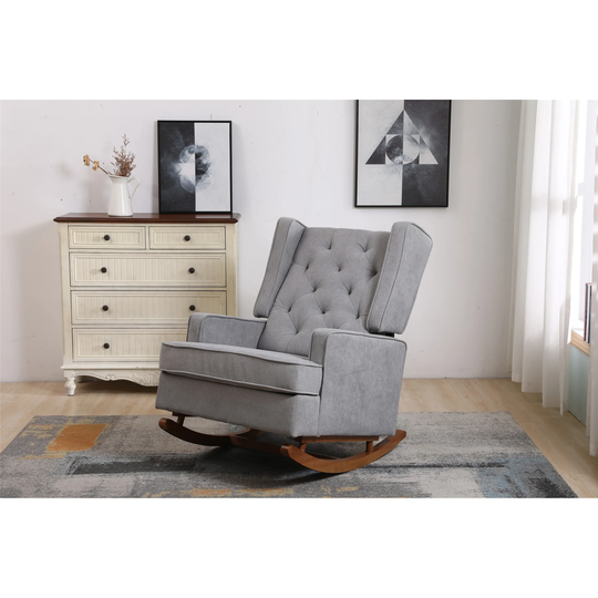 Nursery Rocking Chair Upholstered Mid Century Modern Rocker Oversized Wingback Armchair for Living Room with Two Leg, Light Grey