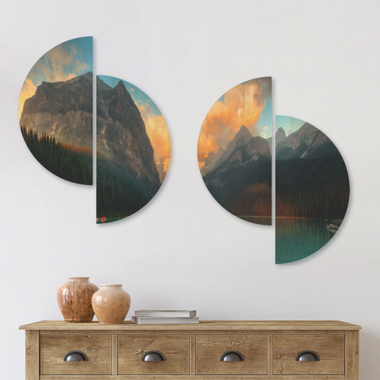Designart 'Lake Louise Sunrise Banff Park' Modern Seascape Wood Wall Art Set of 4 Half Circles - Multi-Color