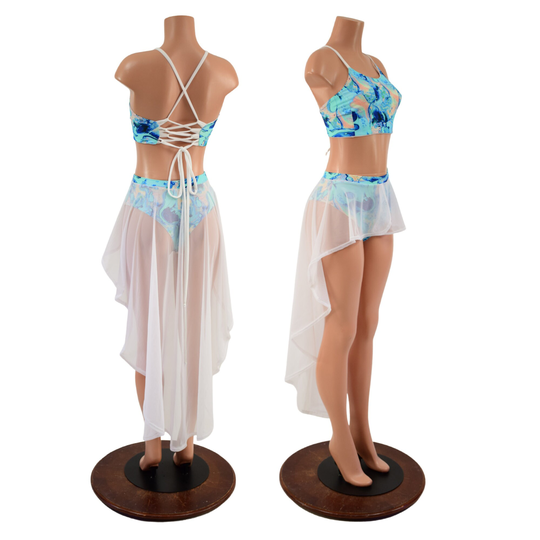 Lapis Lagoon Strappy Back Halter Top & High Waist Siren Shorts With Brazilian Cut Leg White Mesh Hi Lo Overskirt Emk 1579155