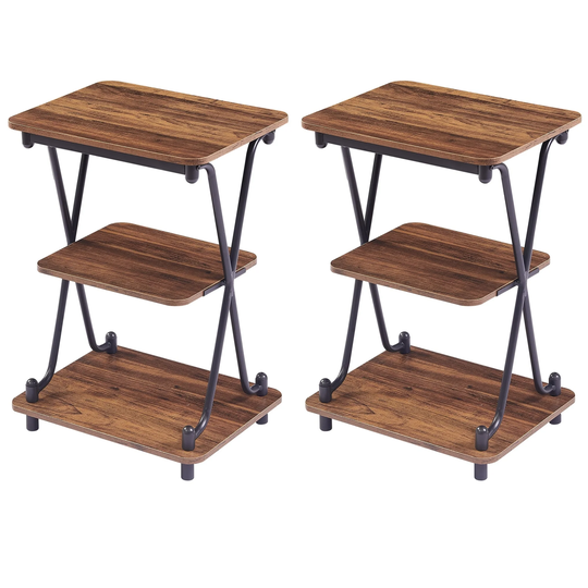 Set of 2 Modern 3-Tier Bedside/End Table with Storage Shelf, X-Shaped Design Nightstand and Sofa Side End Table