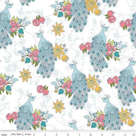 14" X 42" Laminated Cotton Fabric, White Peacock Floral, Aka Oilcloth, Coated Cotton, Waterproof