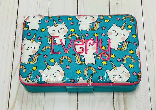 Personalized Kids School Pencil Box Case/Art Supplies Sticker Box/Crayon Storage Container/Rainbow Caticorn Cats Unicorn/Rainbow Stars