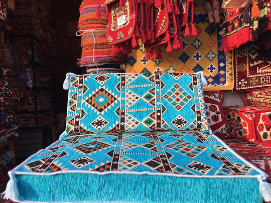Turquoise Small Majlis Sofa, Boho Floor Cushion, Ethnic Rug Pattern Floor Cushions, Arabic Morocco Japan Home Decoration, Blue Cushion