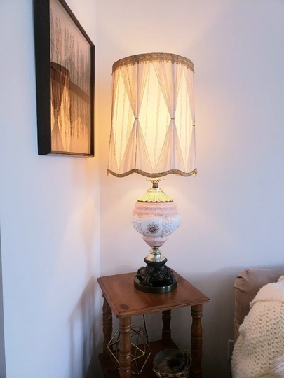 Vintage Lamp, Milk Glass Table Tall Large Hand-Painted Moriage Lamp W/Shade & Finial, Mcm