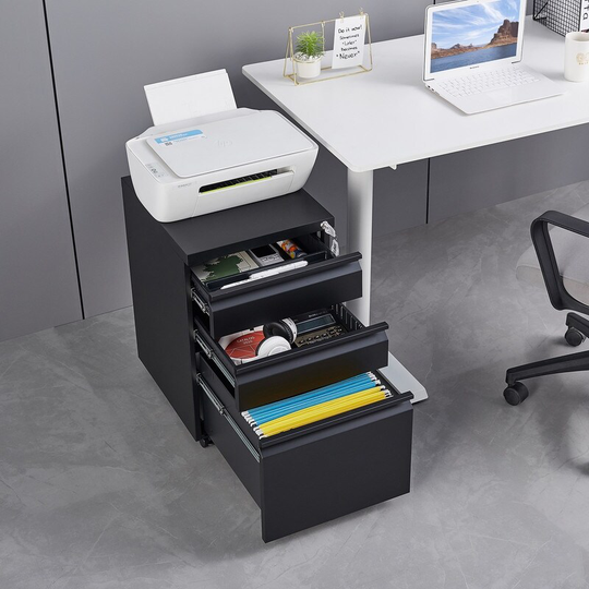 3 Drawer Steel File Cabinet with Lock & Feature Printer Stand, Mobile Filing Cabinet on Wheels, Office Cabinets Under Desk