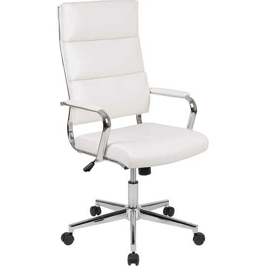 High Back White LeatherSoft Contemporary Panel Executive Swivel Office Chair 27.25D x 27.25W x 46H Inch