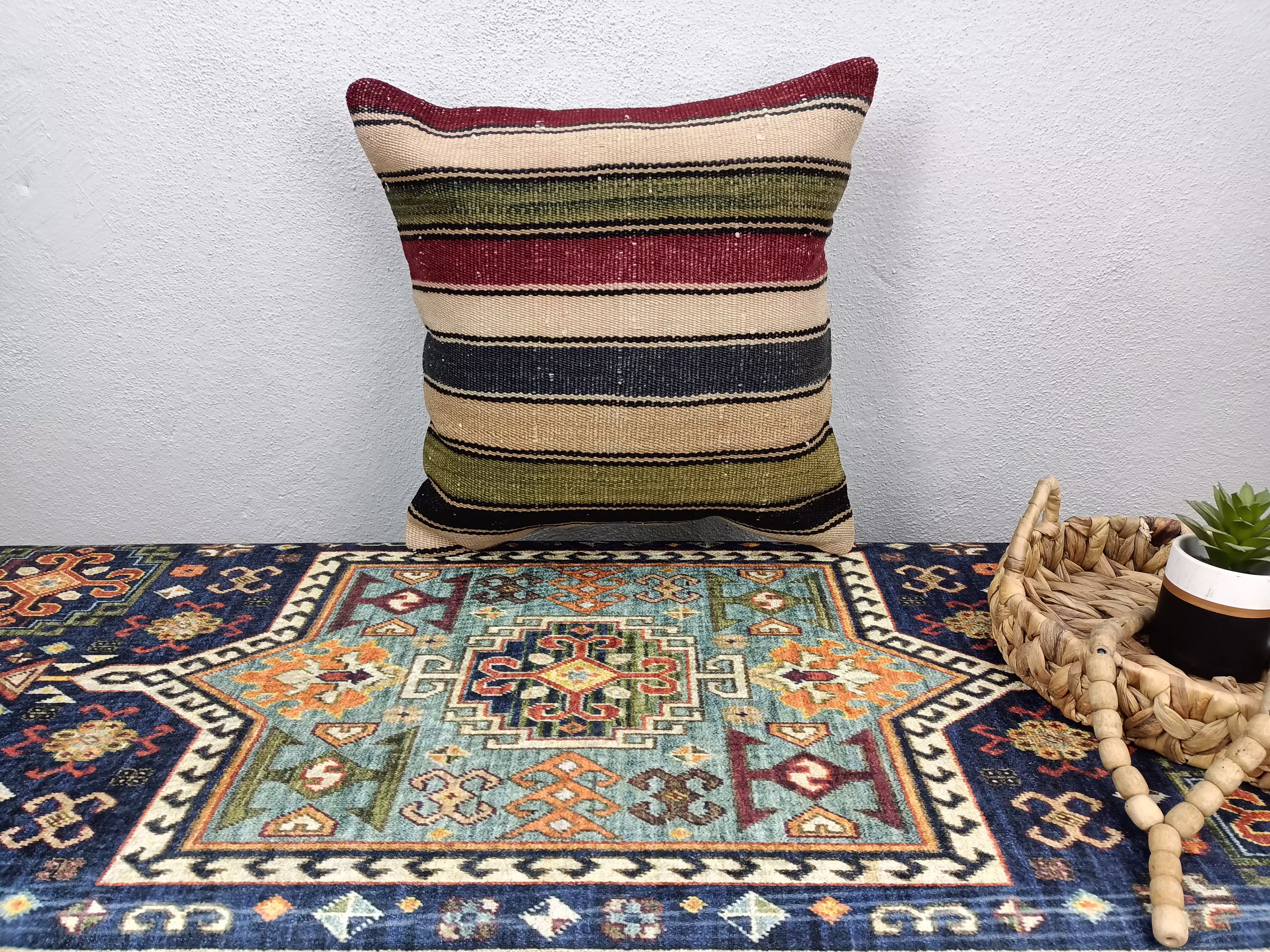 Kilim Cushions, Sofa Pillow Kilim, Striped Cover, Wool Pillow, Organic Sham Euro, 16x16 Inches 16-16Vt 134