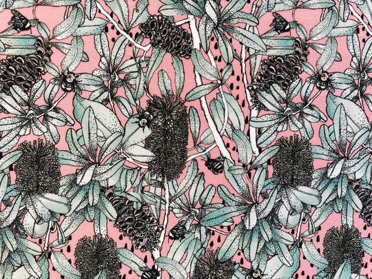 Scenic Route Bee, Beehive & Banksia Tree Pink Floral Quilting Cotton Fabric By 1/4 Or 1/2 Yard, Fat Quarter Fabric, Australian Native