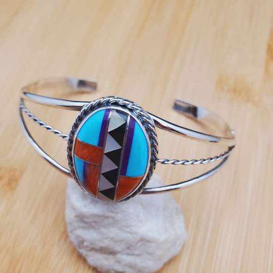 Socute925 Dainty Multicolor Bracelet Cuff | Sterling Silver Inlay Southwestern Big Simple Signed Sonny Tn Made in Usa