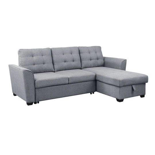 Linen Sleeper Sofa with Reversible Storage Chaise, Light Gray