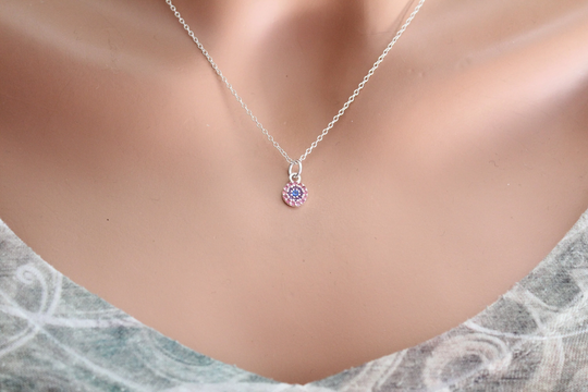 sterling Silver Colored Nano Gem Circle Charm Necklace, With Colorful Necklace