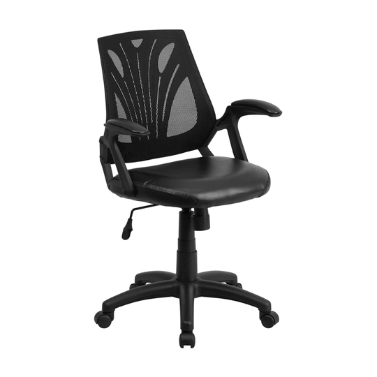 Offex Mid-Back Designer Black Mesh Task Office Chair w/ Leather Seat - Fixed Seat Width: 19.5"W x 17" D