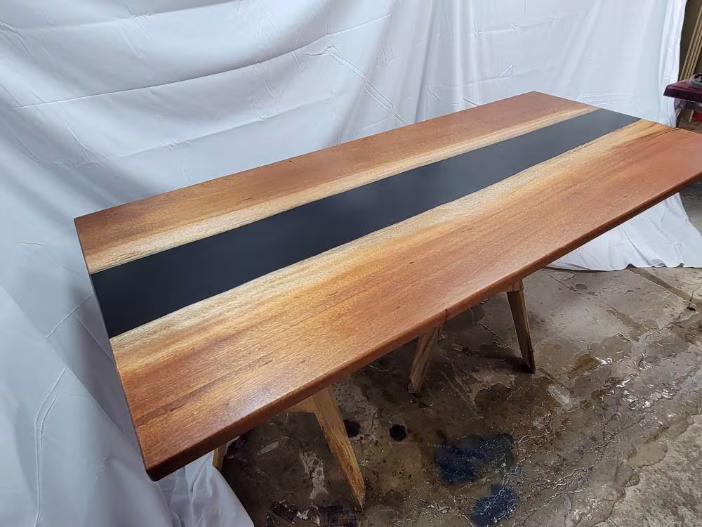 Mahogany Conference Table - Natural Edge Wood With Black Resin River Satin Finish
