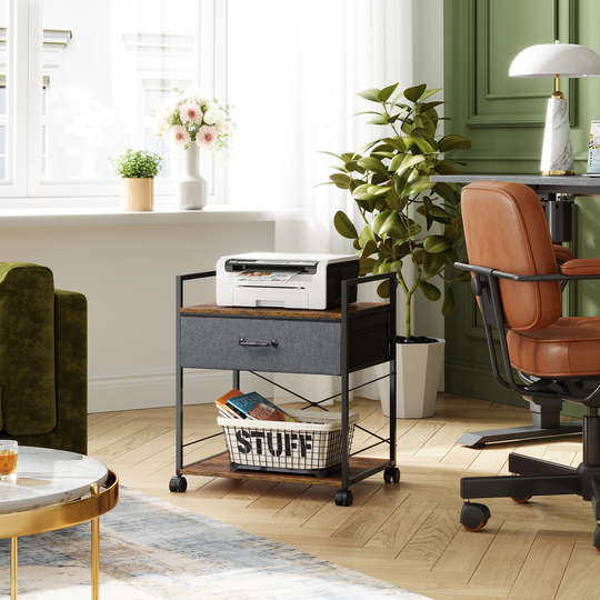 Mobile Printer Stand With Storage Drawer, Vintage Fabric File Cabinet Cart For Home Office