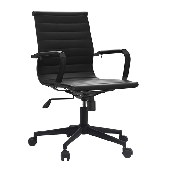 Black Designer Mid Back PU Leather Office Chair Ribbed Swivel Tilt Conference Room Boss Home Work Task Manager Desk Guest