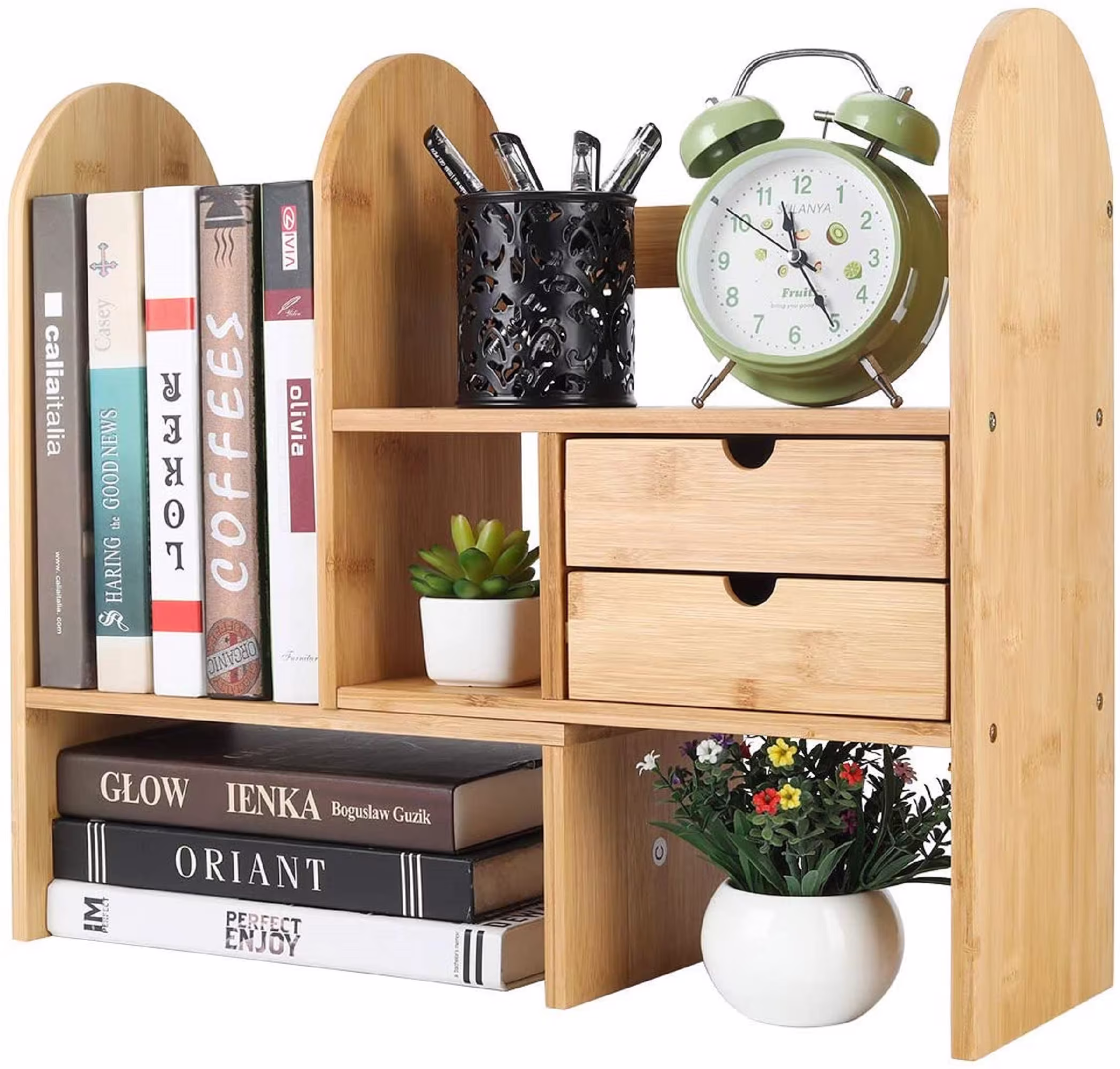 Bamboo Desktop Bookshelf With Drawer Expandable Desk Organizer Office Storage Rack Adjustable Book Shelf Room Decor Display Stand