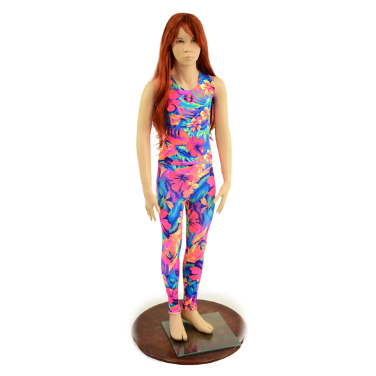 Kids 2Pc Faux Catsuit Look High Waist Leggings & Full Length Sleeveless Top Set in Neon Uv Glow Tahitian Floral 1579241