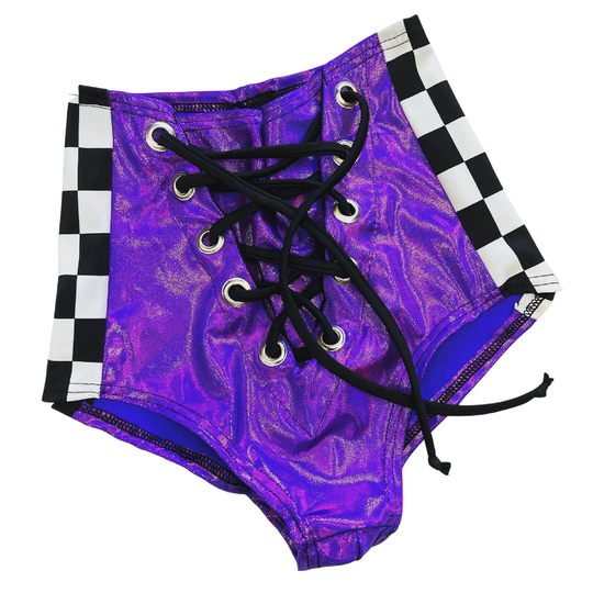 Grape Holographic High Waist Siren Shorts With Front Laceup, Black Spandex Tie, & White Checkered Side Panels - 157797