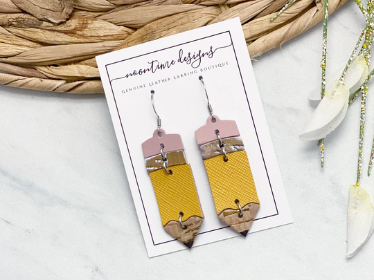 Pencil Cork & Leather Earrings, Genuine Earring, Real School Teacher Gift, Back To